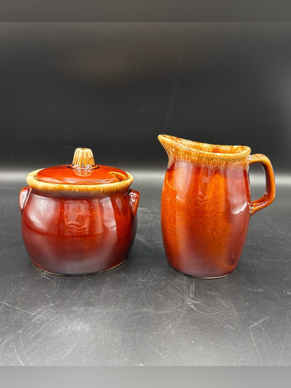 Vintage Hull Brown Drip Creamer & Covered Sugar Bowl Oven Proof USA Chipped